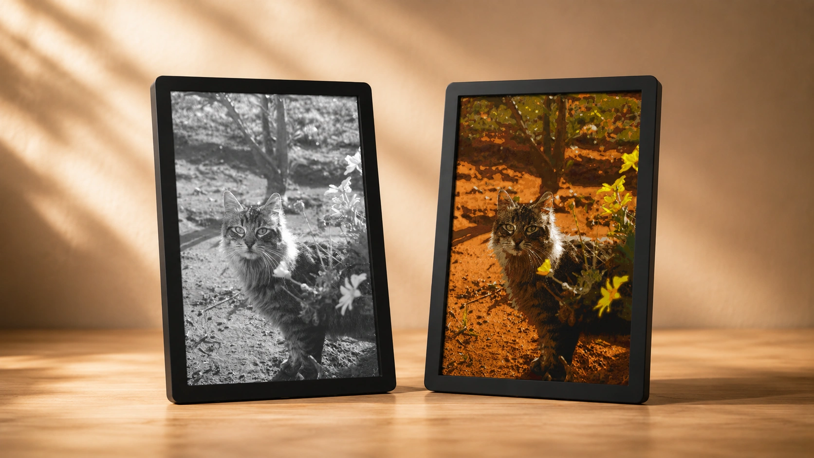 Dezelfde persoonlijke kattenfoto als zwart-wit lithophane en kleurenlithophane naast elkaar